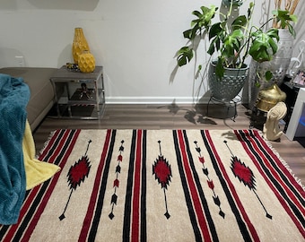 Handwoven Southwestern Rug: Red Black Tribal Diamond Chenille Cotton Blend