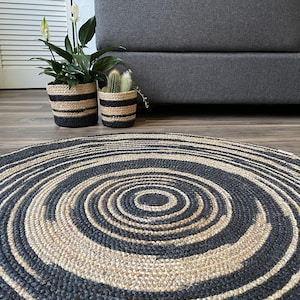 Handwoven Jute Rug & Planter Set – Black Spiral, Boho Decor