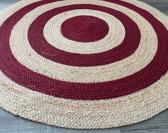 Handwoven Jute Rug: Burgundy & Natural Braided Boho Mat