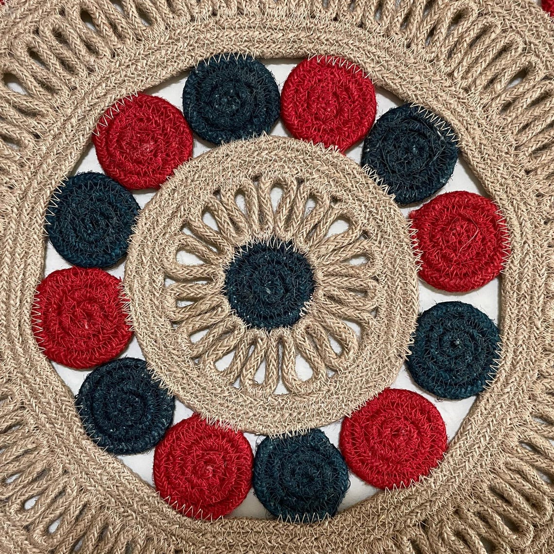 Handmade Jute Wall Hanging Round Boho Wall Art With Red & Blue