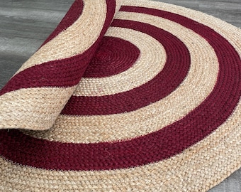 Handwoven Jute Rug: Burgundy & Natural Braided Boho Mat