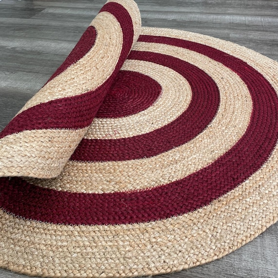 Handwoven Jute Rug: Burgundy & Natural Braided Boho Mat