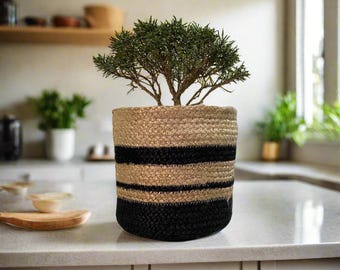 Hand-Braided Jute Planter Set: Black & Natural Basket Pots - Eco-Friendly
