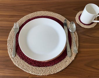 Handcrafted Jute Placemats with Optional Coasters: Burgundy Boho Table Decor