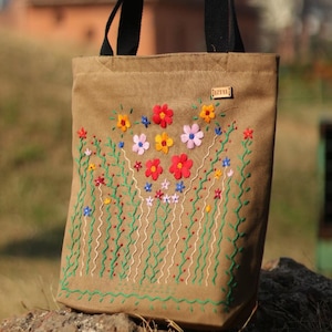 Brown Floral hand embroidered Tote Bag – Vegan, Waterproof Cotton Canvas with Zipper & Pocket