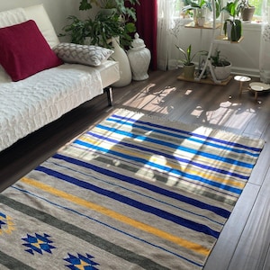 Handloomed Chenille Southwestern Rug: Boho Striped Geometric Floor Decor