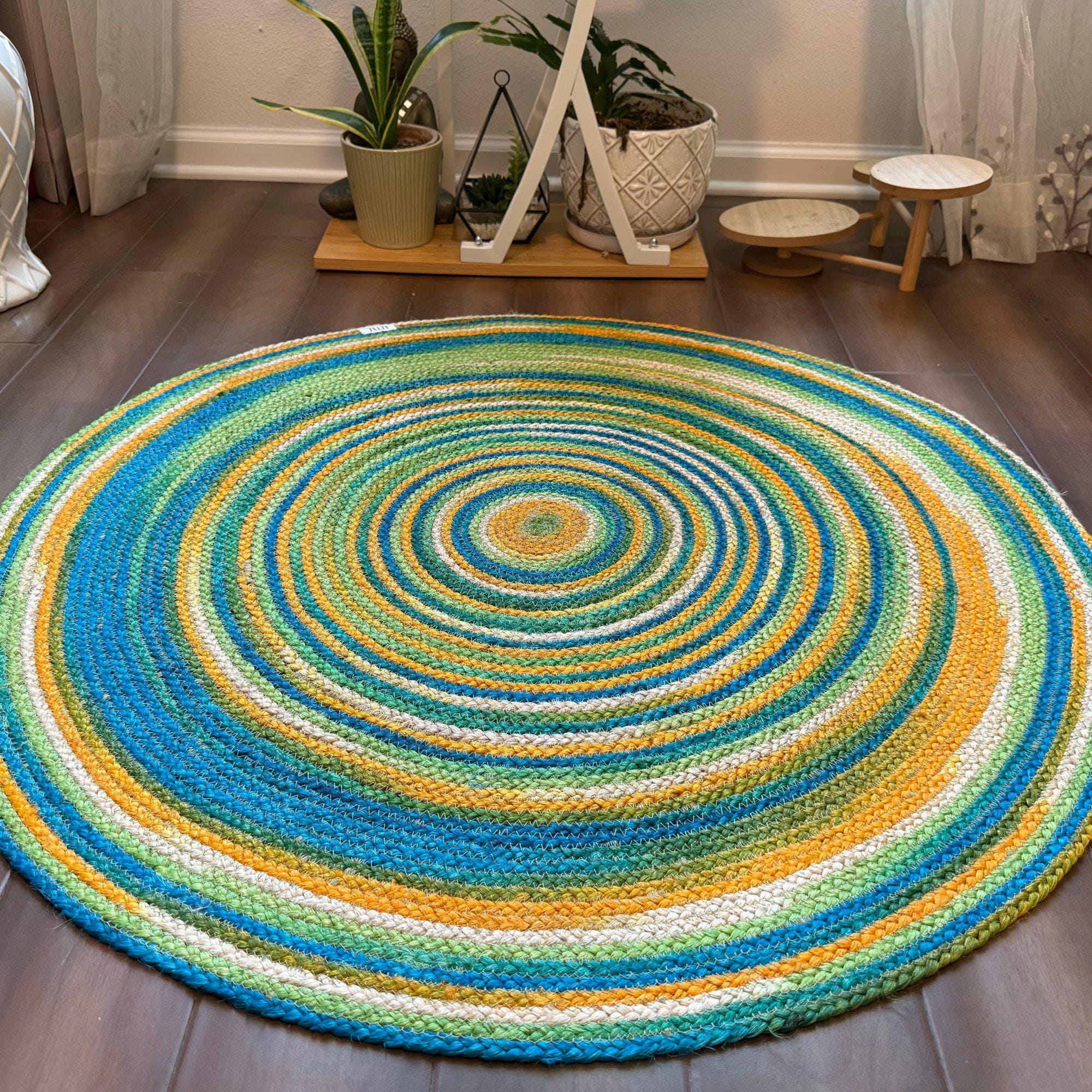 Heart Green Jute Rug Round Braided Jute Rug – Colorful Green, Blue & Yellow Handmade Floor ...