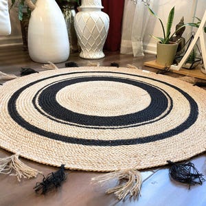 Handwoven Jute Rug with Black Stripes & Tassels - Boho Floor Decor