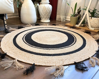 Handwoven Jute Rug with Black Stripes & Tassels - Boho Floor Decor