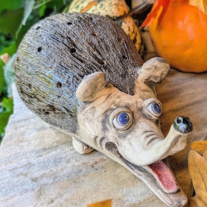 Könnte beinhalten: Eine Igel-Figur aus Keramik mit einem dunkelbraunen, texturierten Rücken, der kleine kreisförmige Löcher aufweist, einem hellbeigen Gesicht, markanten blauen Augen und einem offenen Maul, das ein rotes Inneres zeigt. Die Schnauze ist lang.