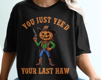 Comfort Colors Halloween cowboy shirt, funny pumpkin western tee, spooky fall graphic tshirt, yeehaw Halloween costume gift