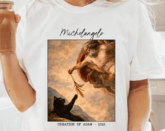 Comfort Colors T-Shirts, Creation of Adam Parody, Michelangelo Cat Art, Funny Black Cat Shirt, Cat Mom Gift, Gift for Art Teacher