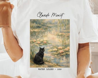 Comfort Colors Claude Monet Water Lilies Black Cat T-Shirts, Impressionist Art, Cat Lover Gift, Gift for cat mom, Art Teacher gift