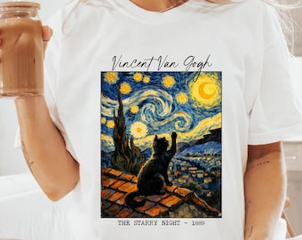 Comfort Colors Starry Night Cat T-Shirts, Van Gogh Art Lover Tee, Black Cat Moon and Stars, Cat Mom Gift, Gift for Art Teacher