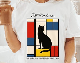 Piet Mondrian Cat T-Shirts, Colors Comfort Colors, Unique Cat Lover Gift, Cat Mom Gift, Gift for Art Teacher