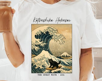 Comfort Colors Great Wave Cat Surfing T-Shirts, Hokusai Japanese Art Parody, Funny Black Cat Lover Gift, Cat Mom Gift, Gift for Art Teacher