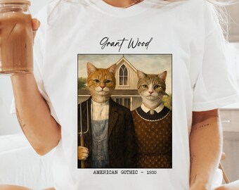Comfort Colors American Gothic Cats T-Shirts, Grant Wood Art Parody Tee, Funny Feline Lover Gift, Cat Mom Gift, Gift for Art Teacher