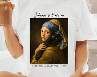 Comfort Colors Girl with a Black Cat T-Shirts, Vermeer Art Lover Tee, Funny Cat Owner Gift, Classic Painting Cat T-Shirts, Gift for Cat Mom