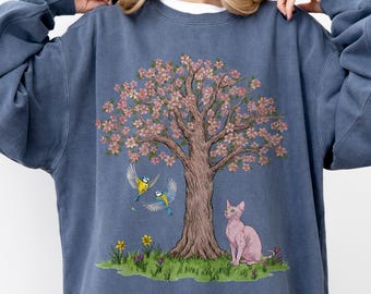 Sphynx Cat Lover Sweatshirt, Spring Blossom Tree Shirt, Gift for Cat Mom, Comfort Colors Long Sleeve Tee