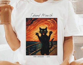 Edvard Munch Scream Cat T-Shirts, Black Cat Art Lover Gift, Funny The Scream Parody Tee, Unique Comfort Colors Graphic Shirt, Cat Mom gift