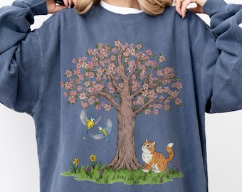 Orange Tabby Cat Lover Sweatshirt, Spring Blossom Tree Shirt, Gift for Cat Mom, Comfort Colors Long Sleeve Tee