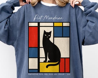 Mondrian Cat Art Sweatshirt, Geometric Black Cat Aesthetic, Abstract Art Lover Comfor Colors, Gift for Mom, Gift for Art Teacher, Cute Pet