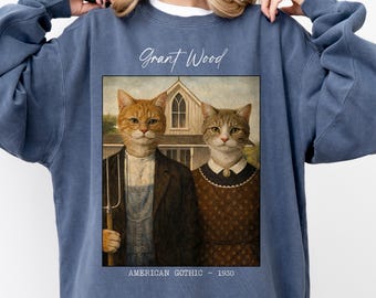 American Gothic Cat Sweatshirt, Funny Art Parody, Grant Wood Inspired, Comfor Colors, Gift for Mom, Gift for Art Teacher, Unique Cat Lover