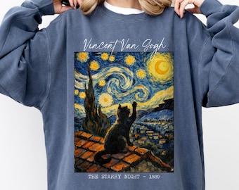 Starry Night Black Cat Sweatshirt, Van Gogh Inspired Art, Cute Feline Comfor Colors, Gift for Mom, Gift for Art Teacher, Aesthetic Painting