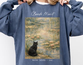 Claude Monet Water Lilies Black Cat Sweatshirt, Impressionist Art, Aesthetic Top, Gift for Mom, Gift for Art Teacher, Comfor Colors Tee