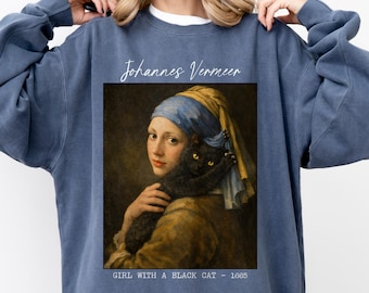 Johannes Vermeer Girl with a Black Cat Sweatshirt, Comfor Colors, Unique Art Parody, Cat Lover Gift for Mom, Gift for Art Teacher