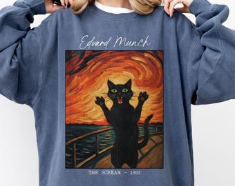 Edvard Munch Scream Cat Sweatshirt, Funny Black Cat Art Parody, Comfor Colors, Gift for Mom, Gift for Art Teacher, Unique Cat Lover