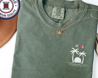 Custom Palm Tree Couple Embroidered T-Shirt with Roman Date & Initials, Ocean Sunset, Matching Comfort Colors Anniversary Shirts
