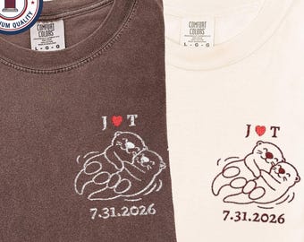 Otter Couple Embroidered T-Shirts with Custom Date and Initials, Matching Comfort Colors Shirts, Minimalist Line Art Anniversary Gift