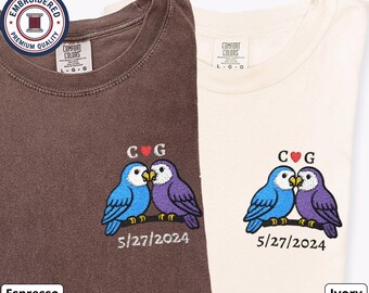 Budgerigar Couple Embroidered T-Shirts, Custom Date & Initials, Matching Comfort Colors Shirts, Anniversary Gift, Bird Lovers Tee
