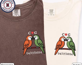 Parrot Couple Embroidered T-Shirts, Custom Date & Initials, Matching Comfort Colors Shirts, Anniversary Gift, Bird Lovers Tee