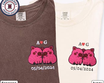Piglet Couple Embroidered T-Shirts with Custom Date and Initials, Matching Comfort Colors Shirts, Anniversary Gift for Couples