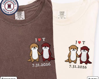 Personalized Otter Couple Shirts, Custom Initials & Date, Cute Otter Embroidery, Comfort Colors Matching Set, Valentine's Anniversary Gift