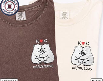 Polar Bear Couple Embroidered T-Shirts, Custom Date & Initials, Matching Comfort Colors Shirts, Anniversary Gift, Polar Bear Lovers Tee