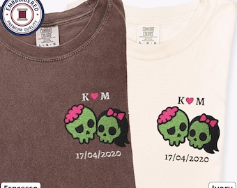 Personalized Halloween Couple Shirts, Custom Initials & Date, Cute Zombie Embroidery, Comfort Colors Matching Set, Halloween matching shirt