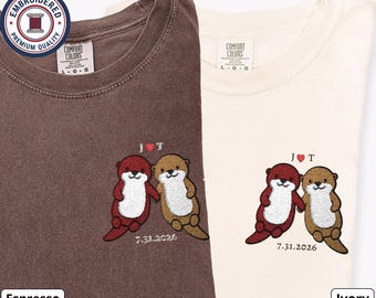 Custom Otter Couple Shirts, Personalized Initials & Date, Cute Otter Embroidery, Comfort Colors Matching Set, Valentine's Anniversary Gift
