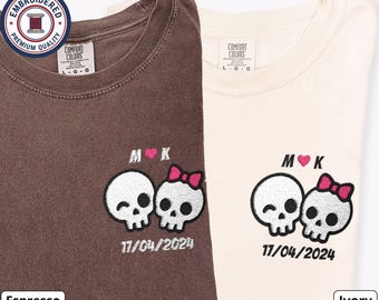 Halloween Couple Shirts, Personalized Skull Embroidery, Custom Initials & Date, Comfort Colors Matching Set
