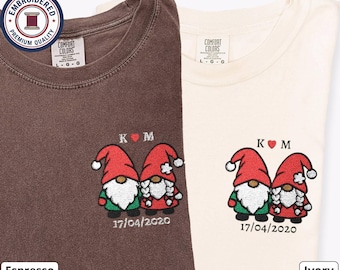 Christmas Couple Shirts, Personalized Gnome Embroidery, Custom Initials & Date, Comfort Colors Matching Set