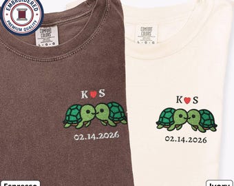 Turtle Couple Embroidered T-Shirts with Custom Date and Initials, Matching Comfort Colors Shirts, Anniversary Gift for Couples