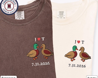 Personalized Duck Couple Shirts, Custom Initials & Date, Cute Duck Embroidery, Comfort Colors Matching Set, Valentine's Anniversary Gift