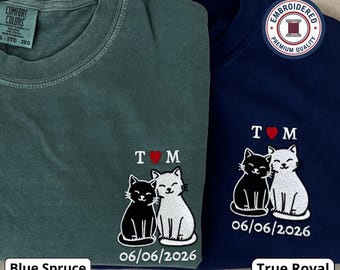 Personalized Cat Couples Shirts, Custom Initials & Date, Cute Cats Embroidery, Comfort Colors Matching Set, Valentine's Anniversary Gift