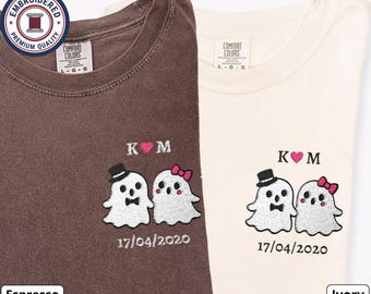 Halloween Couple Shirts, Personalized Ghost Embroidery, Custom Initials & Date, Comfort Colors Matching Set