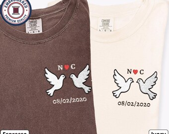 Personalized Dove Couple Shirts, Custom Initials & Date, Cute Dove Embroidery, Comfort Colors Matching Set, Valentine's Anniversary Gift