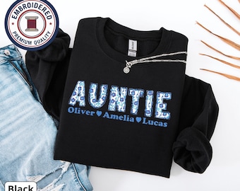 Personalized Auntie Embroidered Sweatshirt, Custom Auntie Embroidery crewneck, New Auntie Outfit, Pregnancy Reveal, Mother's Day Gifts