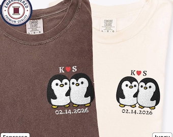 Penguin Couple Embroidered T-Shirts with Custom Date and Initials, Matching Comfort Colors Shirts, Anniversary Gift for Couples