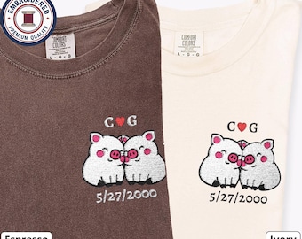 White Piglets Couple Embroidered T-Shirts with Custom Date and Initials, Matching Comfort Colors Shirts, Anniversary Gift for Couples